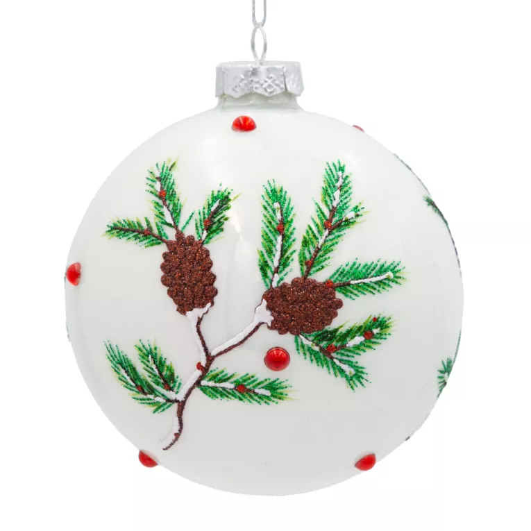 Szklana bombka choinkowa ręcznie zdobiona motywem błyszczących szyszek