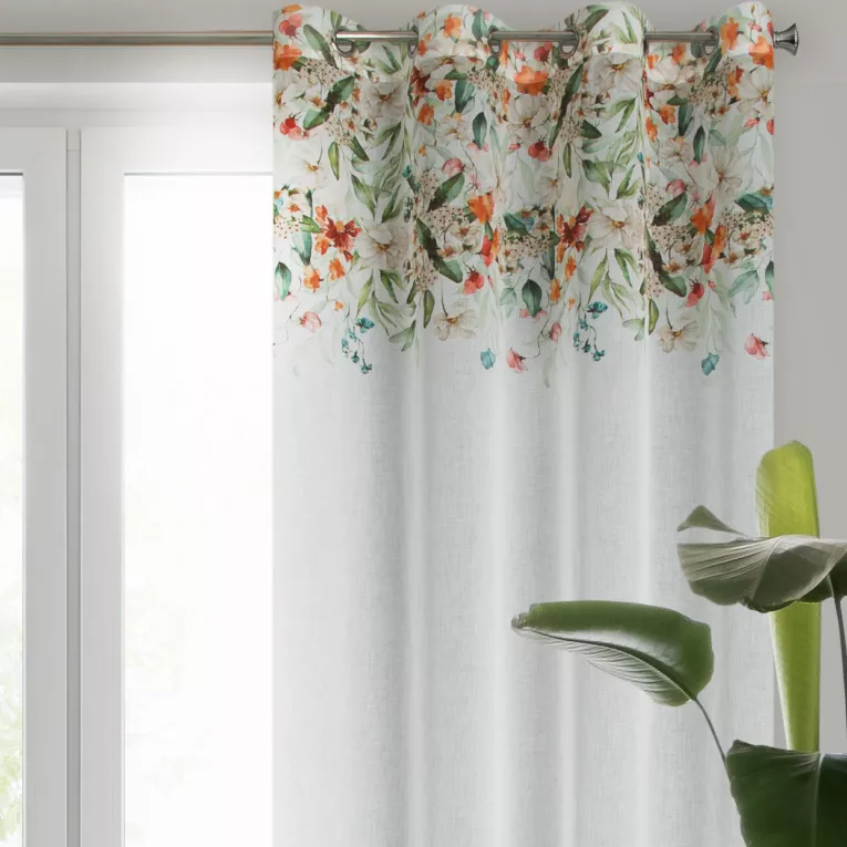 Zasłona biało, zielona z etaminy ze wzorem letnich kwiatów140x250 cm przelotka - LORA