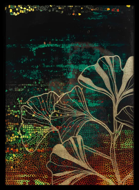 Obraz GINKO z nadrukiem liści miłorzębu w czarnej ramce