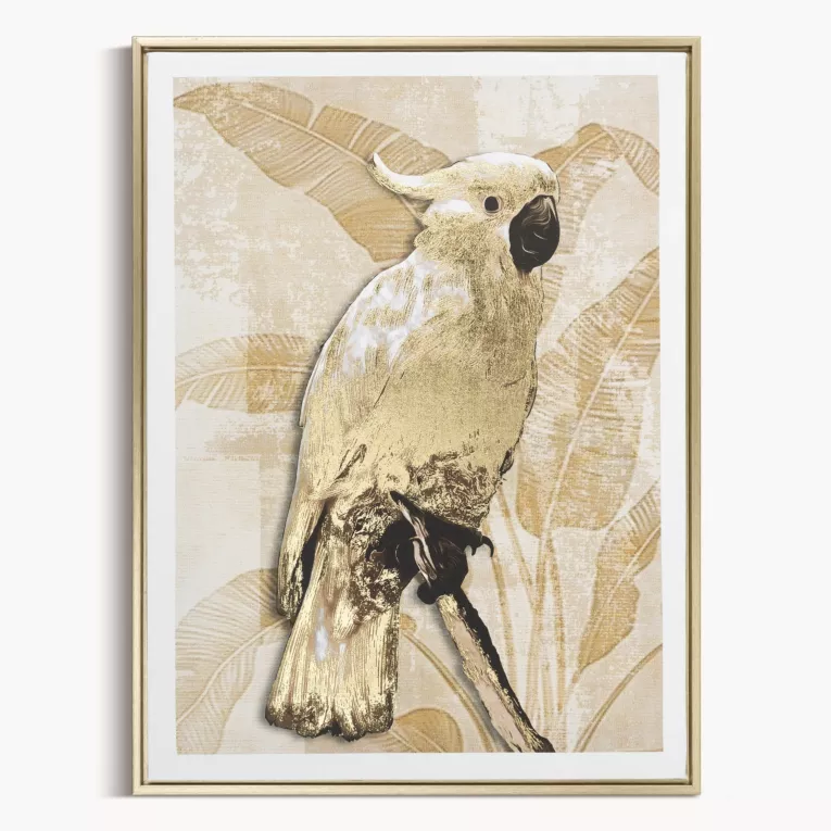 Obraz beżowo, złoty nadruk na płótnie papuga z błyszczącymi akcentami 45x60 cm