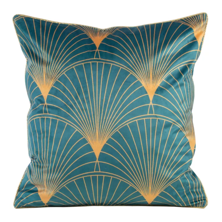 LIMITED COLLECTION  Poszewka LOTOS 1 z welwetu z dużym wzorem wachlarzy w stylu art deco HARMONIA TURKUSU