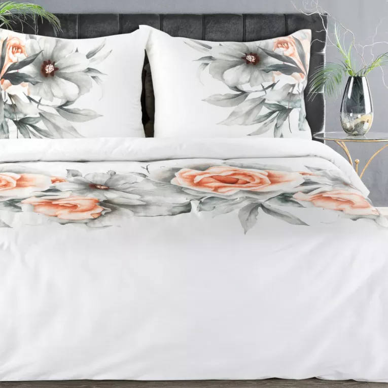 Pościel 220x200 cm bawełniana kolor biały, jasnopomarańczowy zdobiona nadrukiem kwiatów DIVA