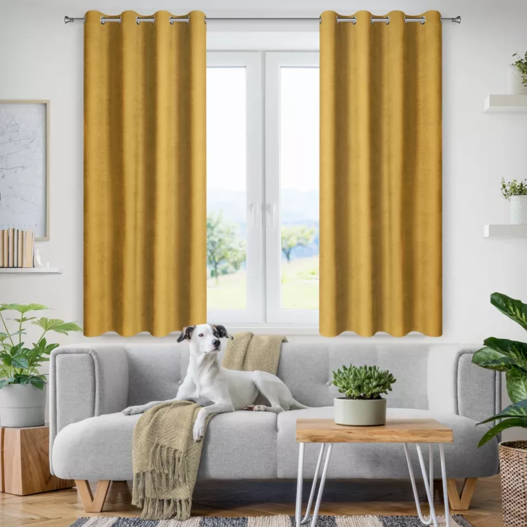 Zasłona musztardowa z tkaniny welurowej 140x180 cm przelotka - Dora