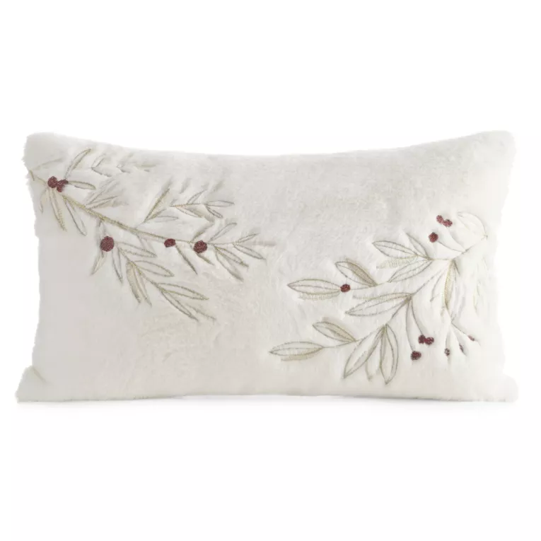 Poszewka na poduszkę świąteczna 30x50 cm kremowo, złota z przyjemnego futerka zdobiona haftem