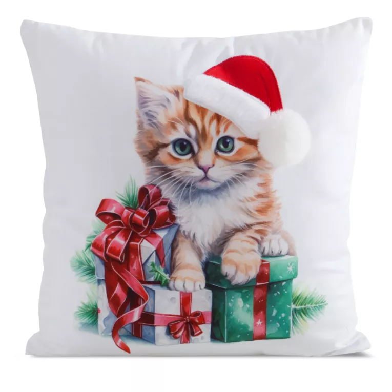 Poszewka na poduszkę świąteczna 45x45 cm welwetowa biało, czerwona zdobiona uroczym nadrukiem kotka