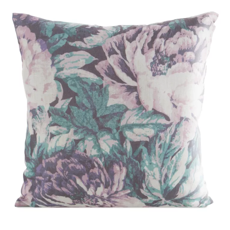 Poszewka na poduszke 45x45 cm o strukturze lnu nadrukiem subtelnych kwiatów pudrowo, turkusowa LEN