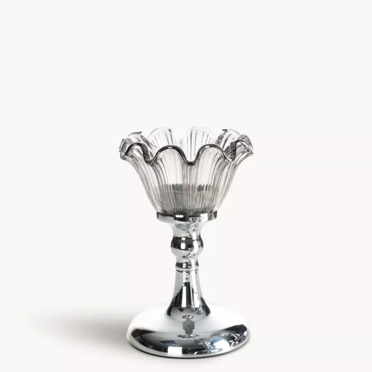 Świecznik dekoracyjny srebrno, grafitowy o szklanej kwiatowej formie średnica 11x17 cm ADENA