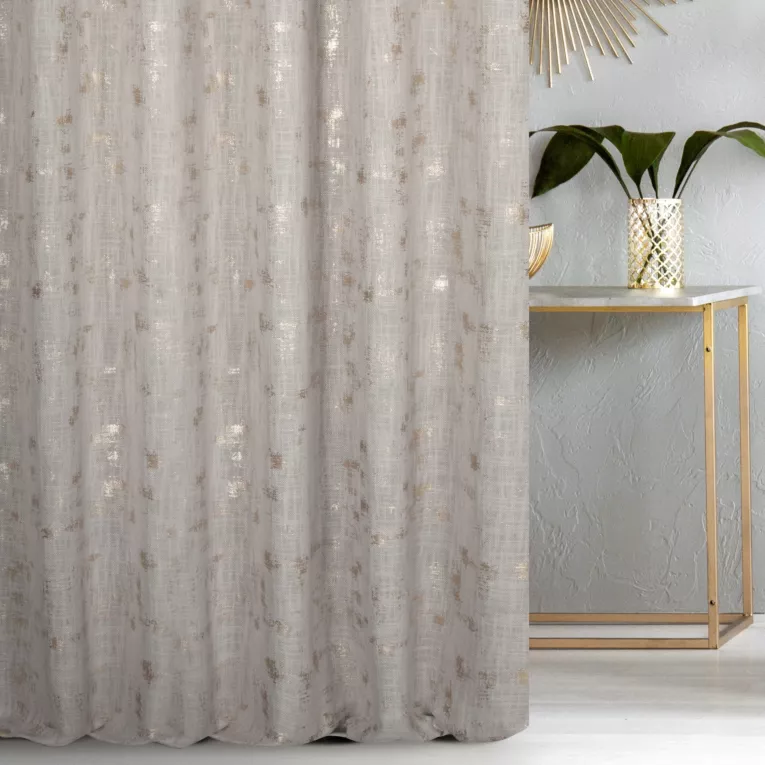 Zasłona szyta na taśmie 5 cm srebrno złocista z tkaniny o naturalnym splocie, zdobiona błyszczcącym nadrukiem Italissima Eva Minge
