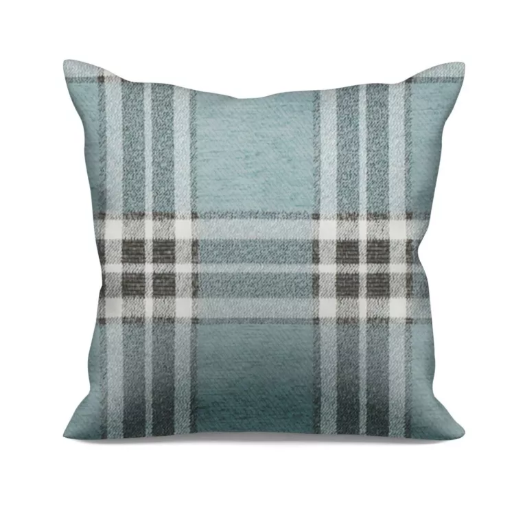 Poszewka szyta miętowo naturalna z grubej, szenilowej tkaniny w elegancką kratę