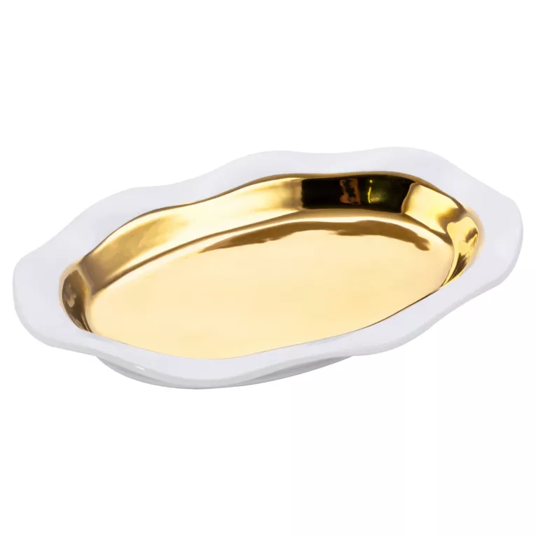 Patera ceramiczna o falującym kształcie biało-złota
