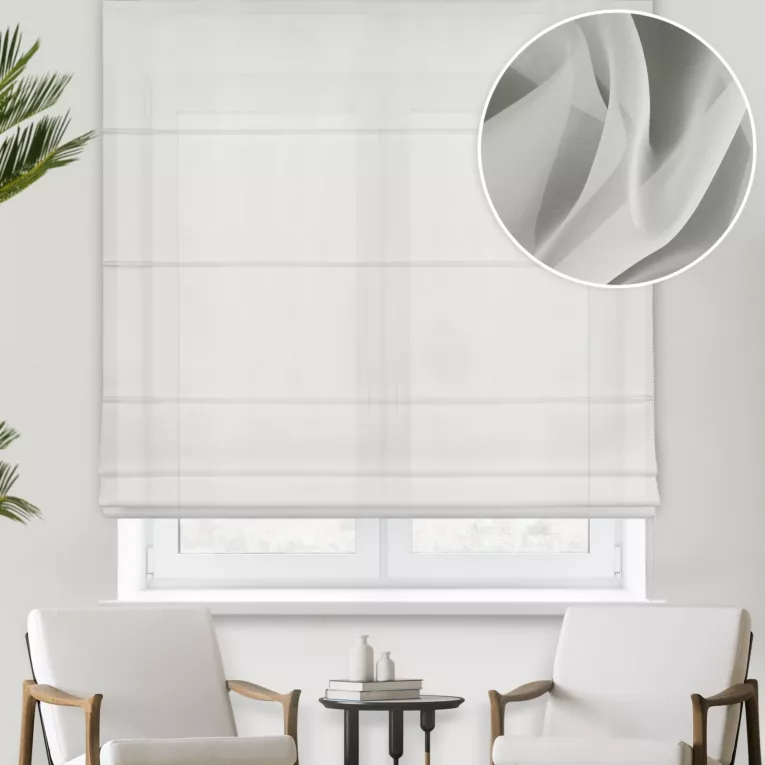 Roleta rzymska naturalna półprzezroczysta, z matowego woalu, o niestandardowej wysokości 360cm, wykończona obciążnikiem