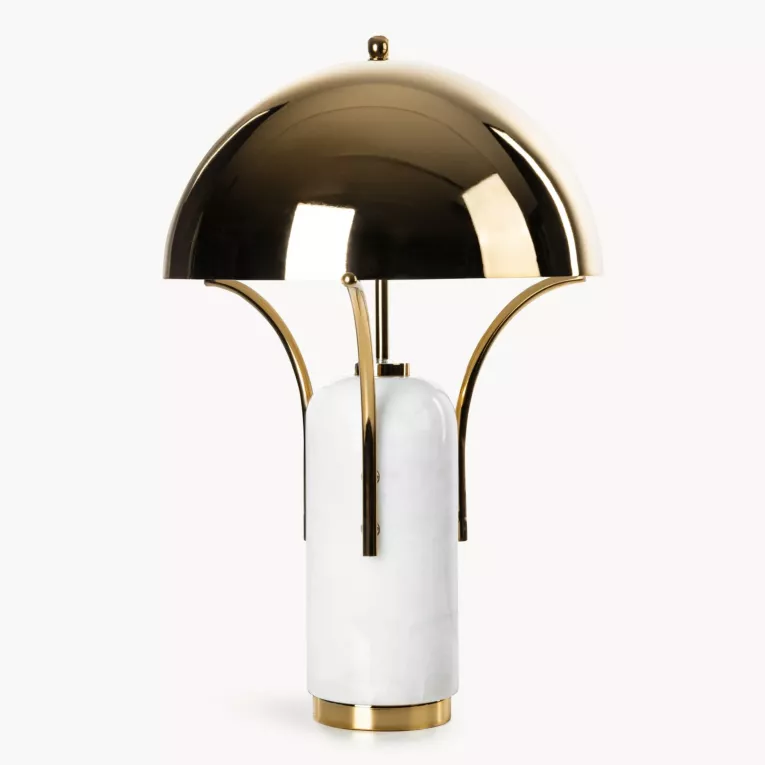 Lampa stołowa nocna złoto, biała ELIOT z marmurkową podstawą i metalowym kloszem - kolekcja AMAROSA