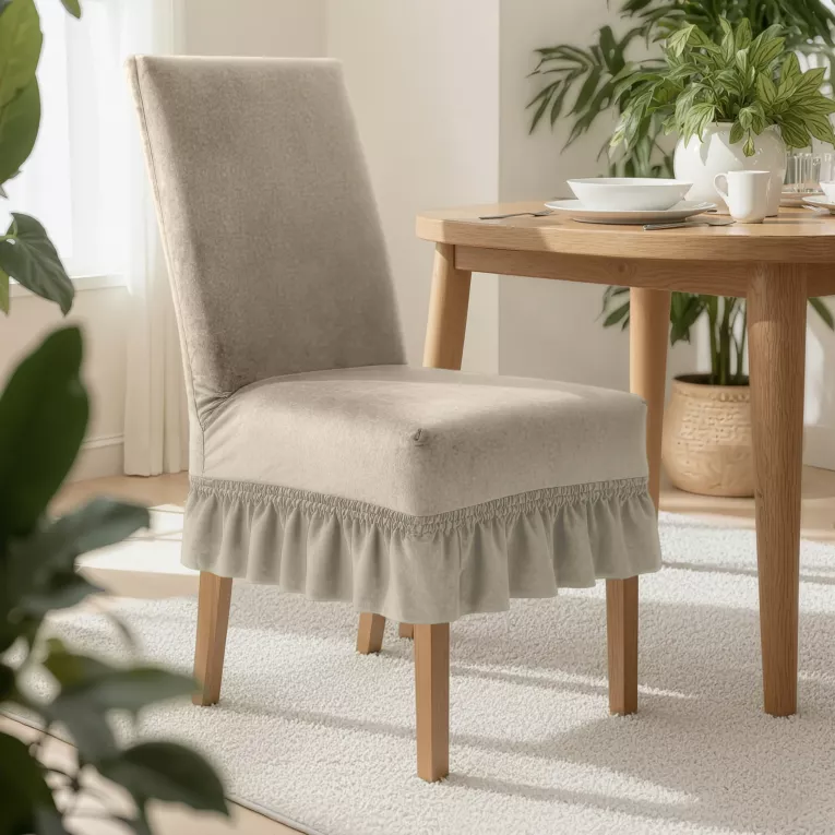 Pokrowiec na krzesło beżowy wodoodporny z ozdobną falbanką 35x55x30 cm Design 91