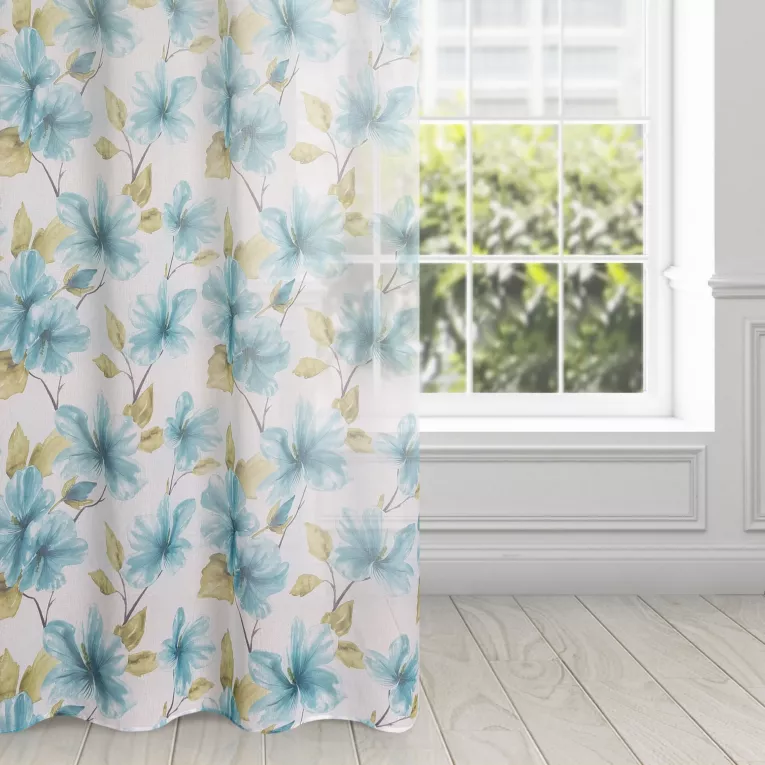 Dekoracja okienna biało, niebieska z lekkiej etaminy z nadrukiem kwiatów, półtransparentna 140x250 cm przelotka SOFIA