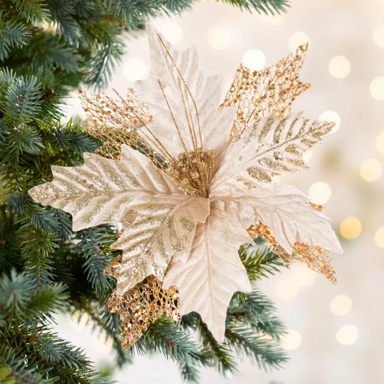 Świąteczny kwiat dekoracyjny z welwetowej tkaniny i dodatkiem lśniących drobinek