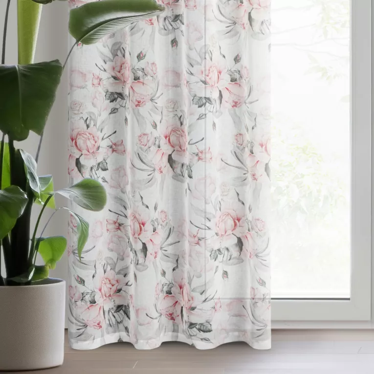 Zasłona biało, różowa z motywem malowanych pędzlem kwiatów z lekkiej etaminy 140x270 cm przelotka ELLIE
