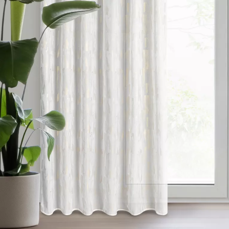 Firana biało, szampańska zdobiona przecieranym nadrukiem 140x270 cm taśma ILARIA