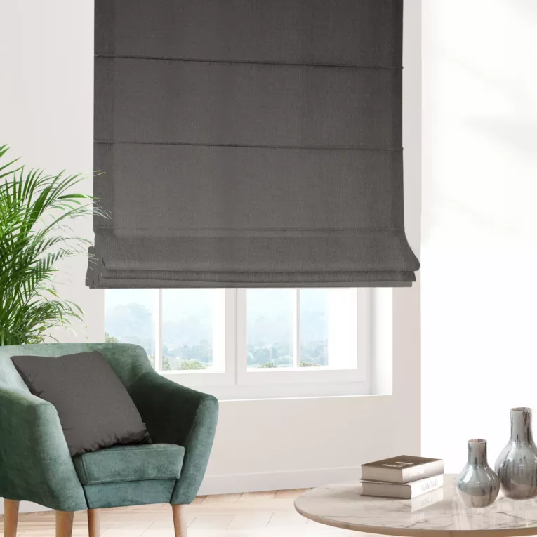 Roleta rzymska ciemnoszara z tkaniny o naturalnym splocie z efektem melanżu