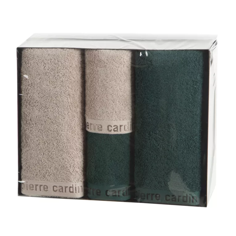 Zestaw ręczników bawełnianych na prezent 2 szt 30x50 cm,2 szt 50x90 cm kolor ciemnobeżowy, ciemnozielony z kolekcji Pierre Cardin