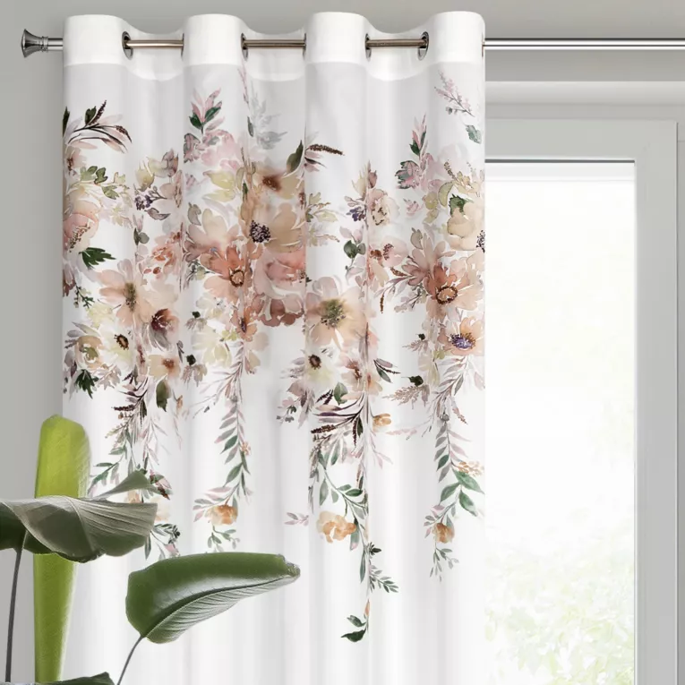 Zasłona biało, żółta zdobiona kwiatami 140x250 cm przelotka AVERY