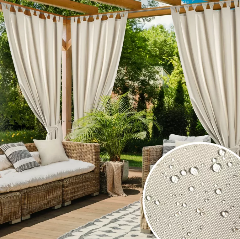 Zasłona jasnobeżowa z wodoodpornej tkaniny idealna do ogrodu i na taras 155x260 cm szelki/rzep GARDEN