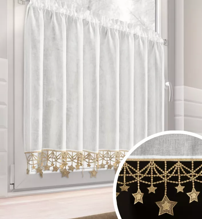 Zazdrostka biało, złota z etaminy zdobiona świątecznymi gwiazdkami 150x90 cm tunel - XMAS