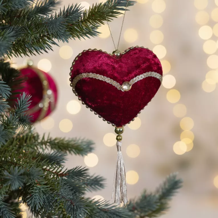 Ozdoba choinkowa SERCE z welwetu zdobiona złotymi akcentami i chwostem
