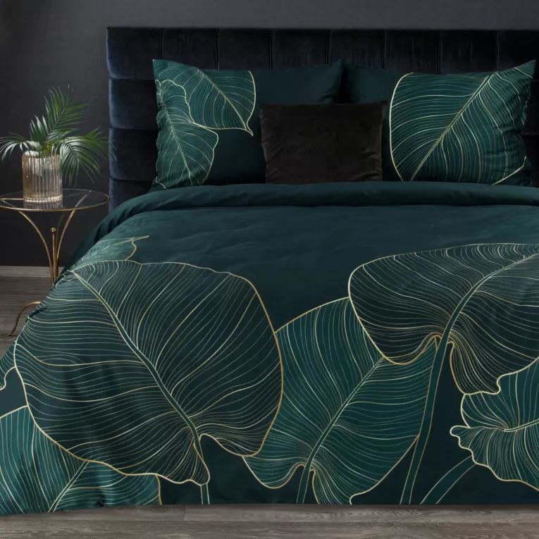 Pościel 220x200 cm bawełniana, makosatyna kolor turkusowy, złoty z wzorem dużych liści Eurofirany Premium