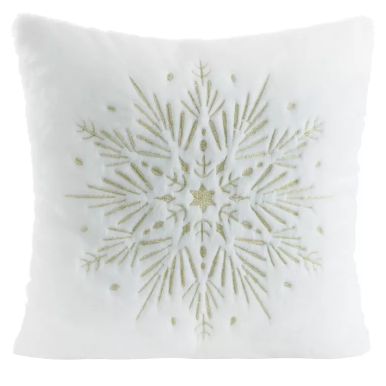 Poszewka na poduszkę świąteczna 45x45 cm biało, szampańska z przyjemnego futerka zdobiona haftem śnieżynki