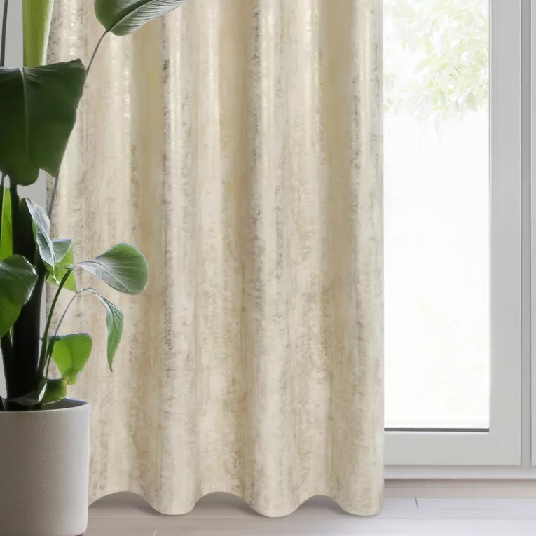 Zasłona welwetowa jasnobeżowo, złota zdobiona przecieranym wzorem 140x270 cm taśma - RENIA