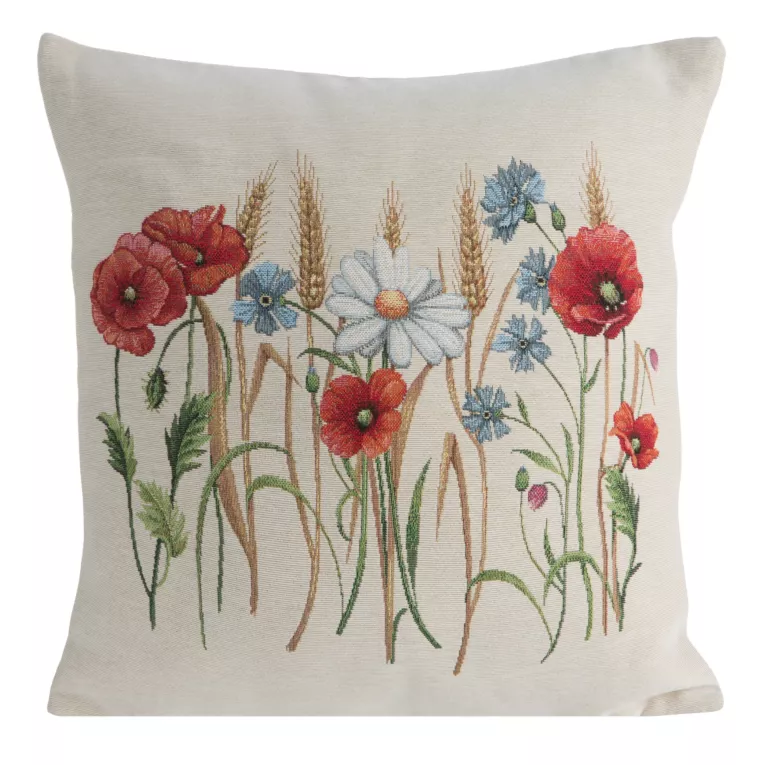 Poszewka na poduszkę 45x45 cm bawełniana, gobelinowa naturalno, czerwona z kwiatowym motywem GOB