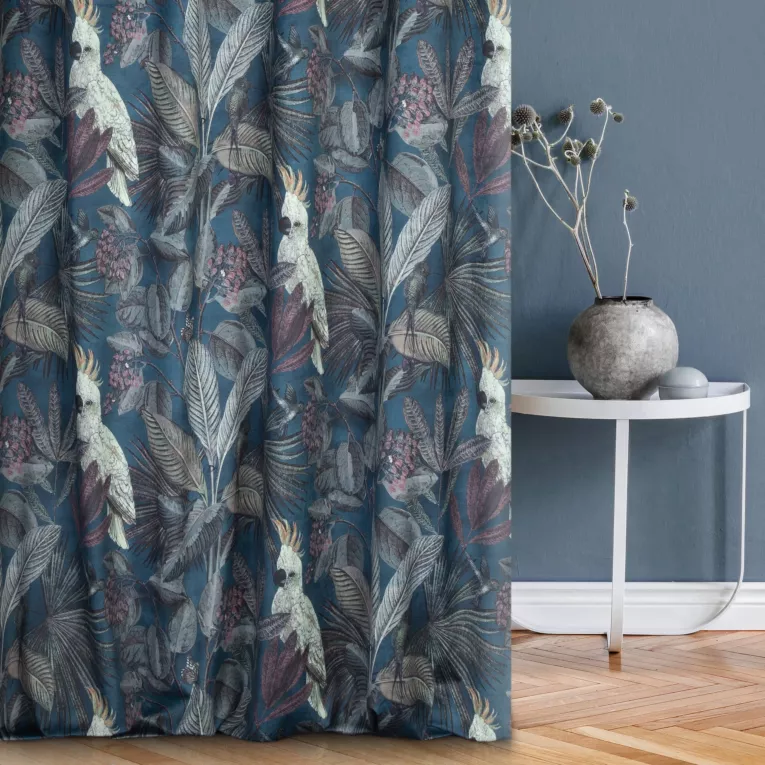 Tkanina zasłonowa miękki i delikatny w dotyku welwet,  z nadrukiem liści i ptaków
