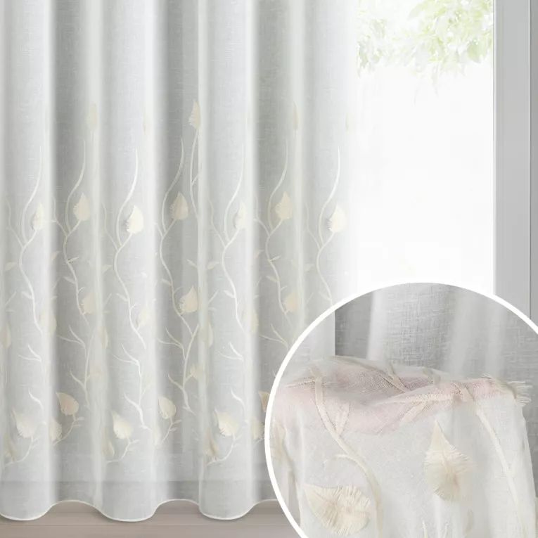 Firana biała z etaminy zdobiona haftem roślinnym 140x250 cm przelotka - BROKLYN