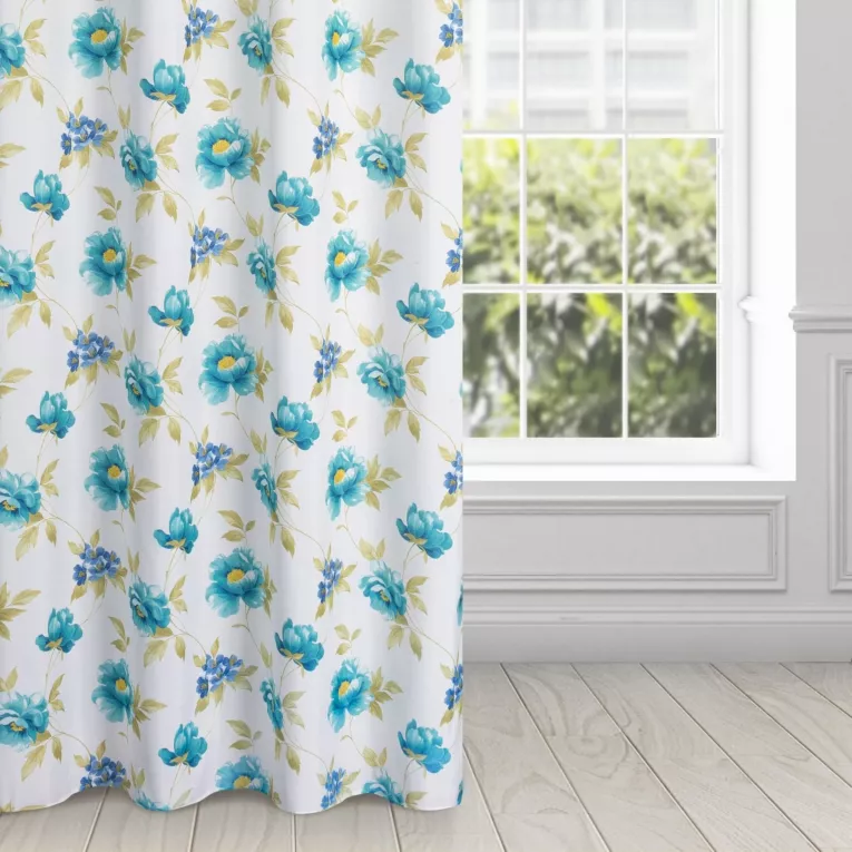 Zasłona biało, niebieska w niebieskie kwiaty 140x250 przelotka - ALMA