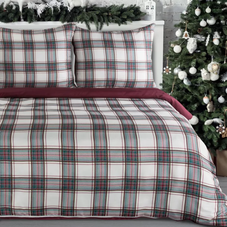 Pościel świąteczna 220x200 cm kolor biały, bordowy z nadrukiem kraty AARON