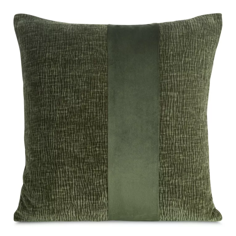 Poszewka na poduszkę 45x45 cm oliwkowa szenilowa zdobiona pasem z welwetu CARLA 01