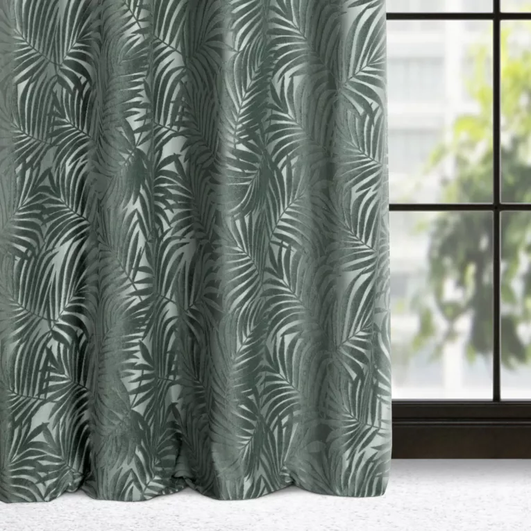 Zasłona welwetowa oliwkowa z trójwymiarowym wzorem liści 140x250 cm przelotka - LIVIA