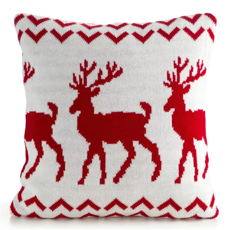 Poszewka na poduszkę 45x45 cm świąteczna biało czerwona o plecionej strukturze z motywem świątecznym