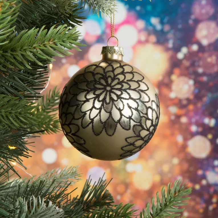 Bombka szklana ręcznie zdobiona czarnym brokatowym wzorem kwiatów