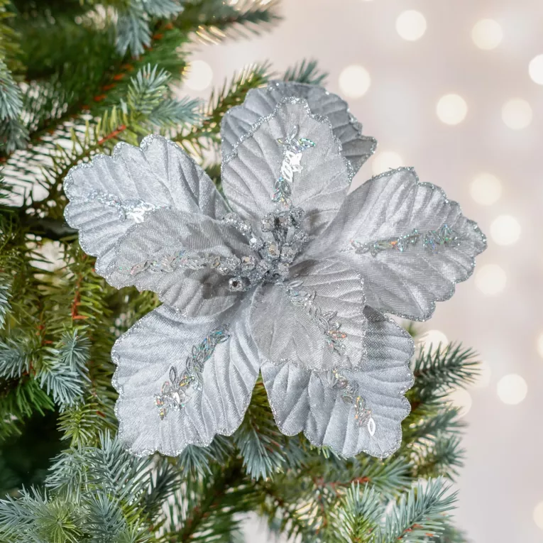 Świąteczny kwiat dekoracyjny z welwetowej tkaniny z lśniącymi drobinkami