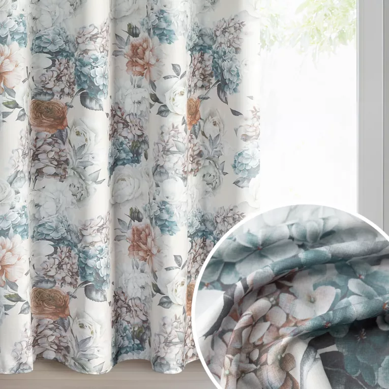 Zasłona kremowo, miętowa zdobiona motywem kwiatów 140x250 cm  przelotki - ANETT