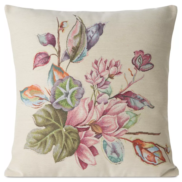Poszewka na poduszkę 45x45 cm gobelinowa naturalno, różowa z kwiatowym motywem GOB