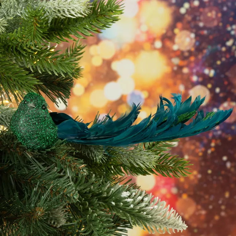 Ozdoba choinkowa PTAK z pięknymi piórami i dodatkami lśniącego brokatu