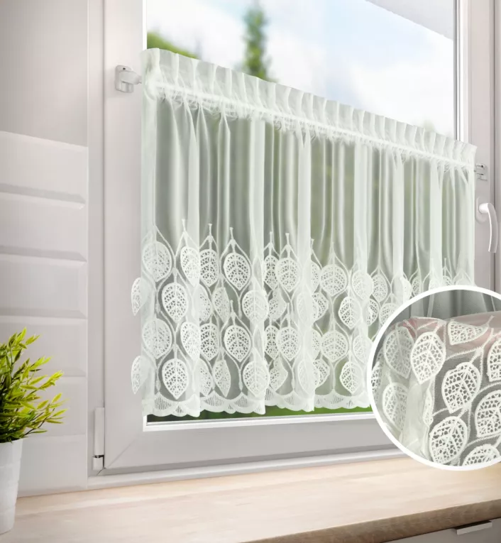 Zazdrostka kremowa z drobnej siateczki zdobiona ażurowym haftem 70x150 cm taśma - NIRA