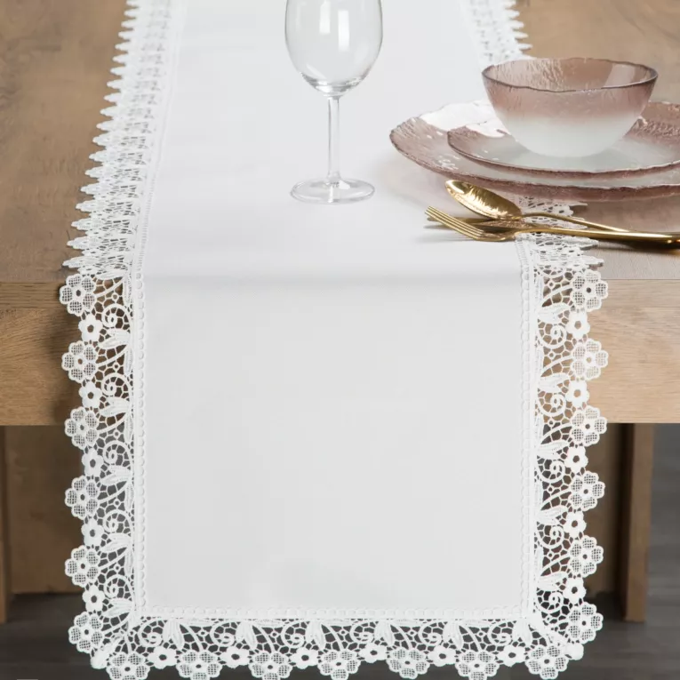 Bieżnik na stół 40x180 cm biały zdobiony haftowaną koronką - CINDY