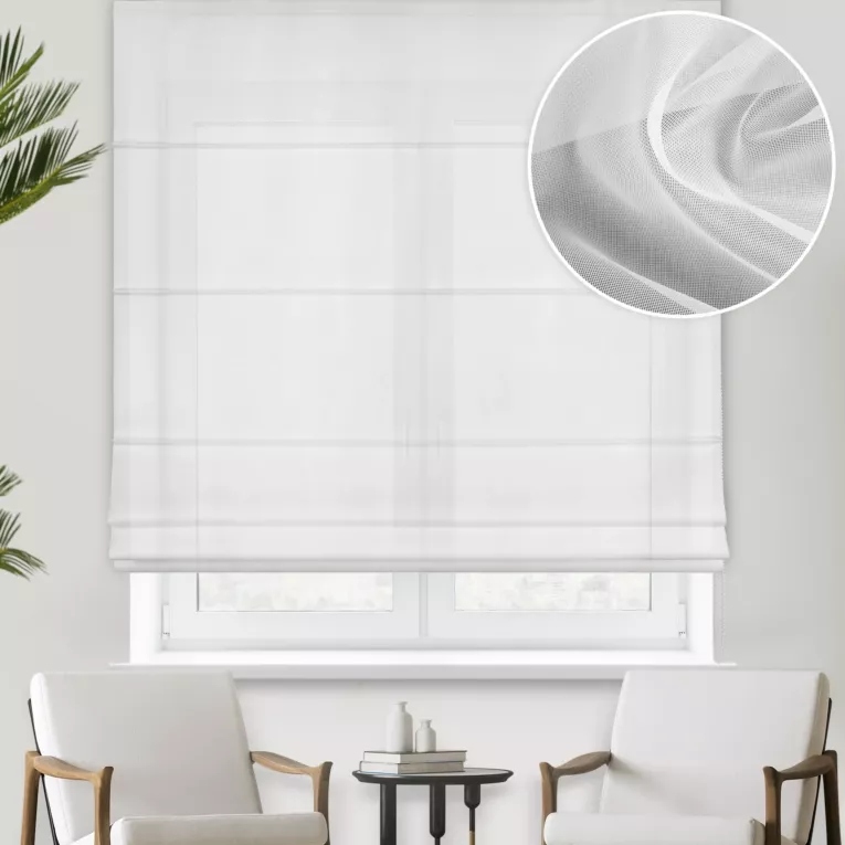 Roleta rzymska ERNESTA biała miękka w dotyku, matowa mikrosiateczka, wykończona obciążnikiem