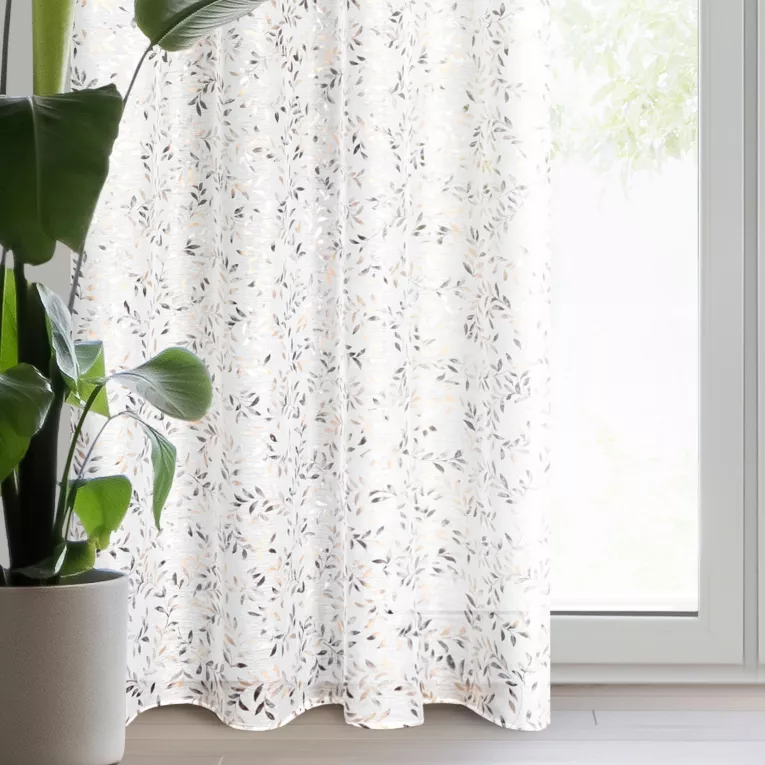 Dekoracja okienna biało, stalowa zdobiona nadrukiem liści i akcentami miedzianymi z etaminy 140x250 cm przelotka - TERRY