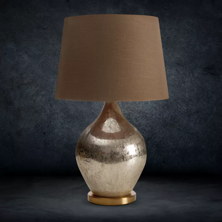 Lampa stołowa do pokoju beżowo, złota RUBY z szklaną podstawą zdobioną przecieranym wzorem