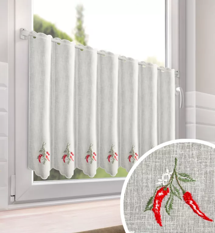 Tkanina firanowa zazdrostka zdobiona haftem papryczek