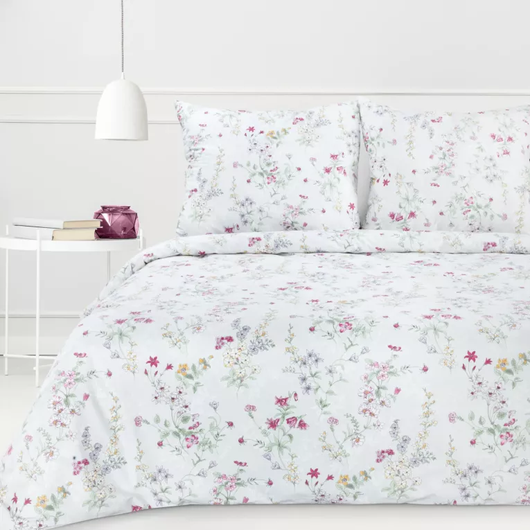 Pościel 220x200 cm bawełniana kolor jasnoszary, ciemnoróżowy z wzorem drobnych kwiatów SARA 32